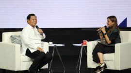 Ketua Umum Partai Gerindra Prabowo Subianto di acara 'Mata Najwa On Stage: 3 Bacapres Bicara Gagasan' di Graha Sabha Pramana UGM. (Dok. Tim Meida Prabowo Subianto) 
